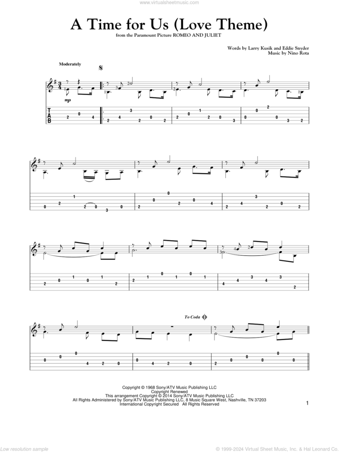 A Time For Us (Love Theme) sheet music for guitar solo by Mark Phillips, Eddie Snyder, Larry Kusik and Nino Rota, intermediate skill level