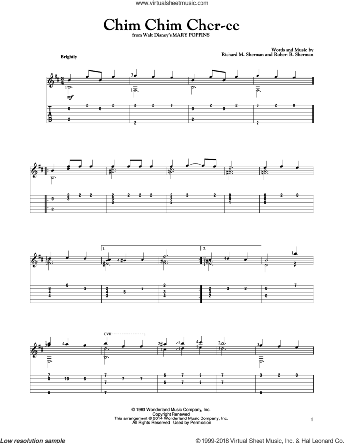 Chim Chim Cher-ee (from Mary Poppins) (arr. Mark Phillips) sheet music for guitar solo by Dick Van Dyke, Mark Phillips, New Christy Minstrels, Richard M. Sherman and Robert B. Sherman, intermediate skill level