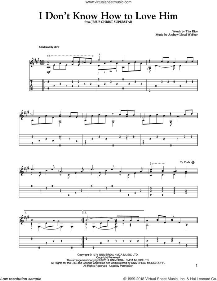 I Don't Know How To Love Him sheet music for guitar solo by Andrew Lloyd Webber, Mark Phillips, Helen Reddy and Tim Rice, intermediate skill level