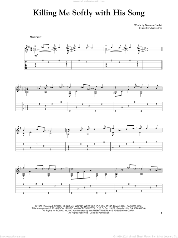 Killing Me Softly With His Song sheet music for guitar solo by Norman Gimbel, Mark Phillips, Roberta Flack, The Fugees and Charles Fox, intermediate skill level