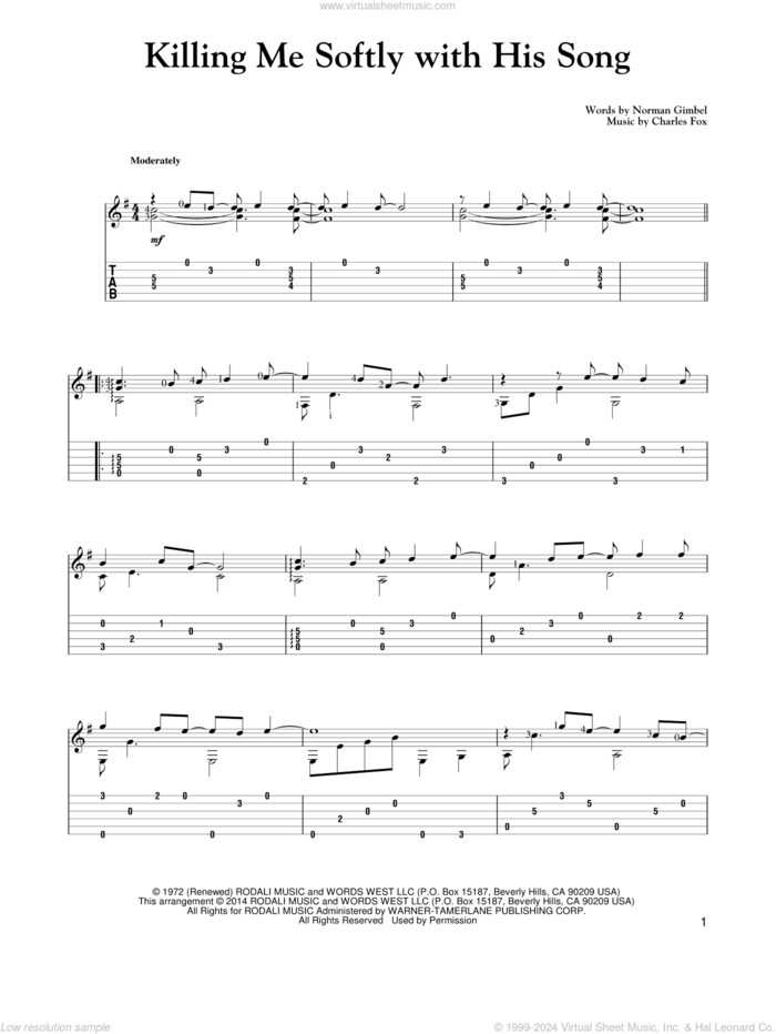 Killing Me Softly With His Song sheet music for guitar solo by Norman Gimbel, Mark Phillips, Roberta Flack, The Fugees and Charles Fox, intermediate skill level