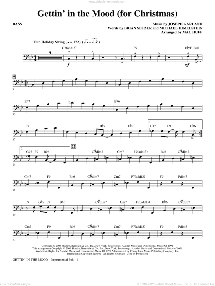 Gettin' In The Mood, for christmas sheet music for orchestra/band (bass) by Brian Setzer, Joe Garland, Michael Himelstein and Mac Huff, intermediate skill level