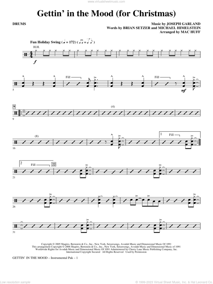 Gettin' In The Mood, for christmas sheet music for orchestra/band (drums) by Brian Setzer, Joe Garland, Michael Himelstein and Mac Huff, intermediate skill level