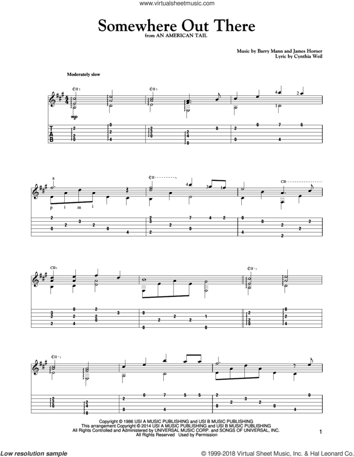 Somewhere Out There (arr. Mark Phillips) sheet music for guitar solo by James Horner, Mark Phillips, Linda Ronstadt & James Ingram, Barry Mann and Cynthia Weil, intermediate skill level