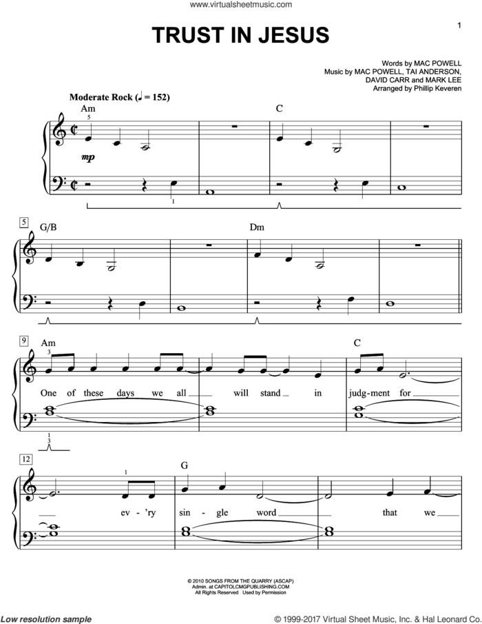 Trust In Jesus (arr. Phillip Keveren) sheet music for piano solo by Phillip Keveren, Third Day, David Carr, Mac Powell, Mark Lee and Tai Anderson, easy skill level