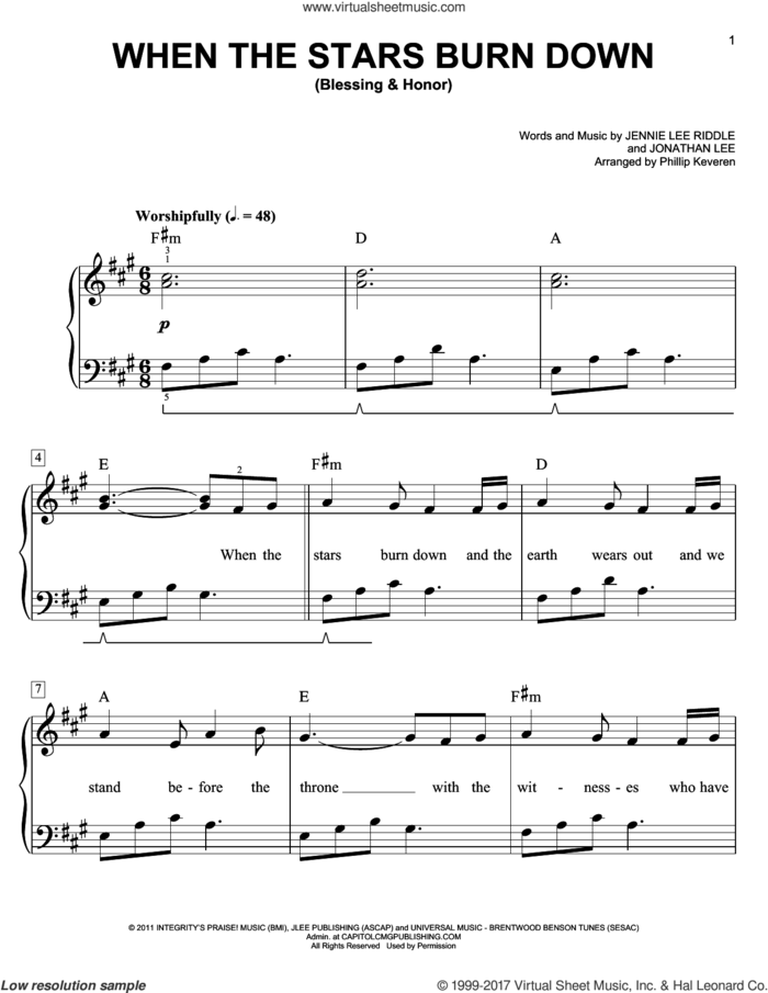 When The Stars Burn Down (Blessing and Honor) (arr. Phillip Keveren) sheet music for piano solo by Jennie Lee Riddle, Phillip Keveren, Phillips, Craig & Dean and Jonathan Lee, easy skill level