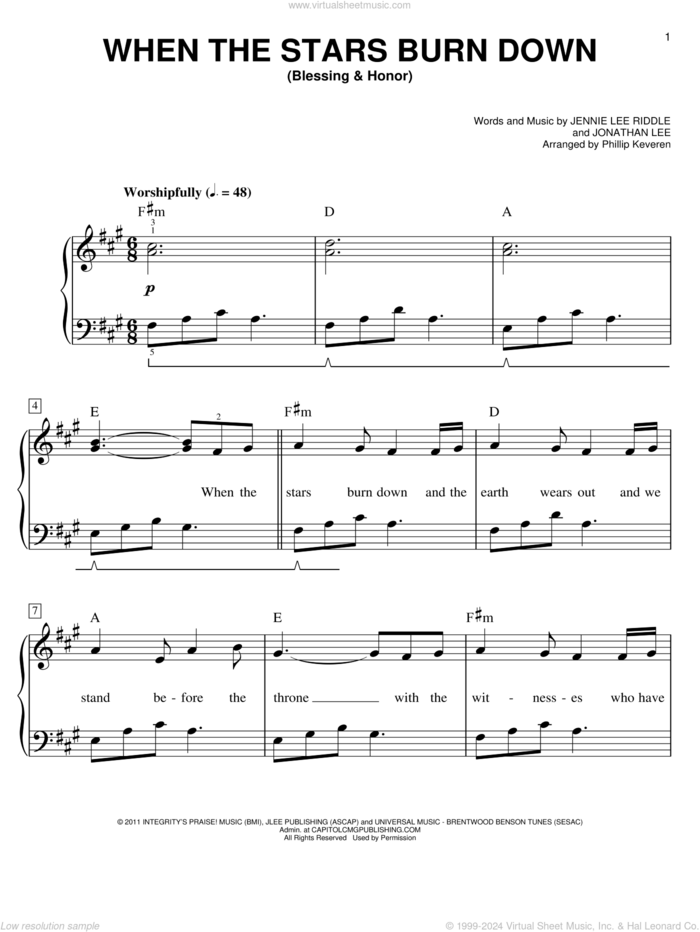 When The Stars Burn Down (Blessing and Honor) (arr. Phillip Keveren) sheet music for piano solo by Jennie Lee Riddle, Phillip Keveren, Phillips, Craig & Dean and Jonathan Lee, easy skill level