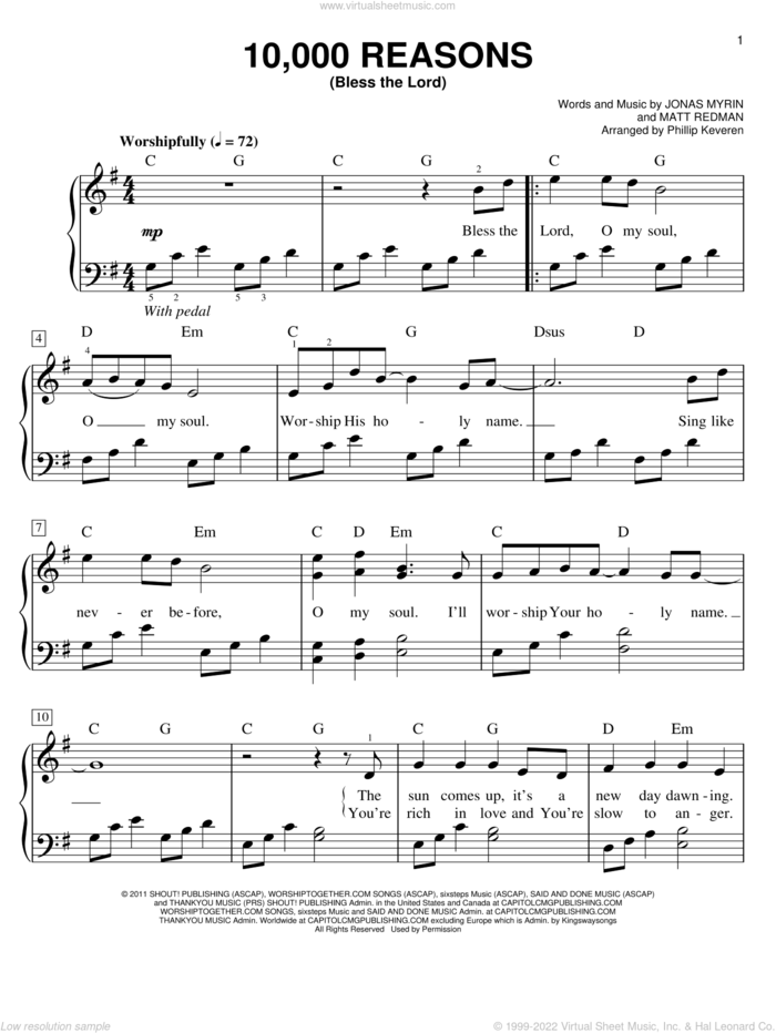 10,000 Reasons (Bless The Lord) (arr. Phillip Keveren), (easy) sheet music for piano solo by Matt Redman, Phillip Keveren and Jonas Myrin, easy skill level