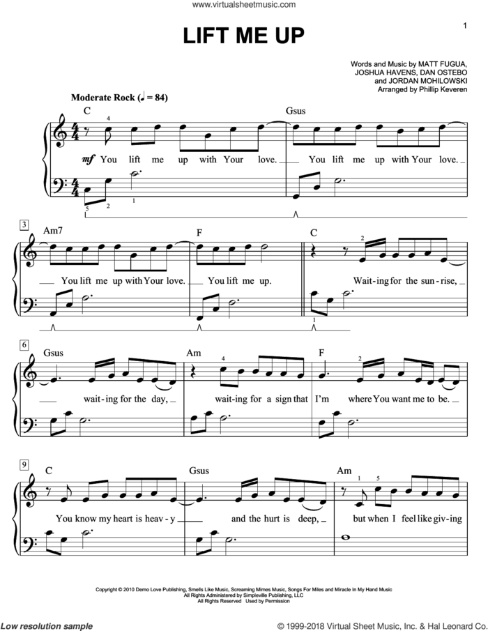 Lift Me Up (arr. Phillip Keveren) sheet music for piano solo by Phillip Keveren, The Afters, Dan Ostebo, Jordan Mohilowski, Joshua Havens and Matt Fuqua, easy skill level