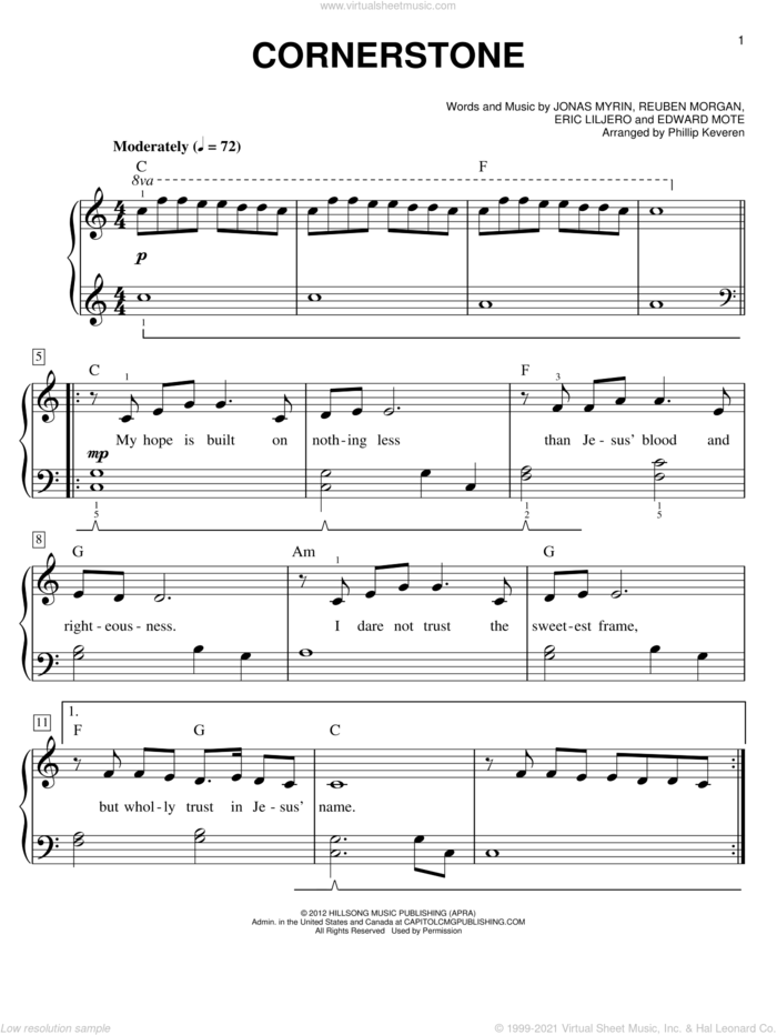 Cornerstone (arr. Phillip Keveren), (easy) sheet music for piano solo by Reuben Morgan, Phillip Keveren, Hillsong LIVE, Eric Liljero and Jonas Myrin, easy skill level