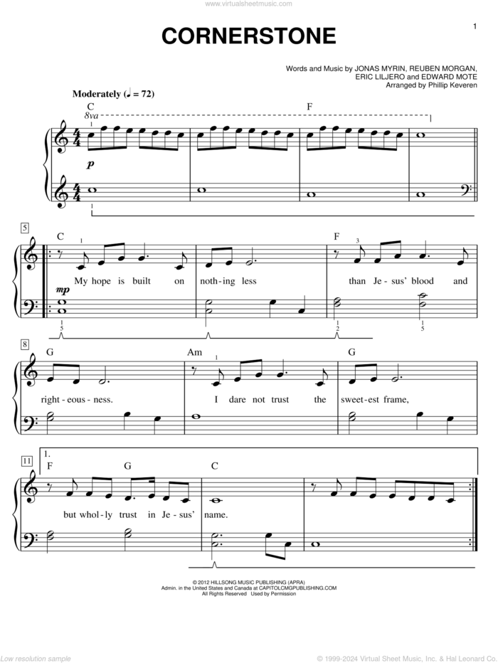 Cornerstone (arr. Phillip Keveren), (easy) sheet music for piano solo by Reuben Morgan, Phillip Keveren, Hillsong LIVE, Eric Liljero and Jonas Myrin, easy skill level