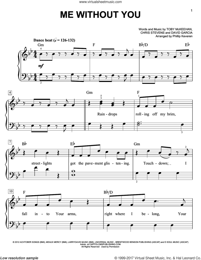 Me Without You (arr. Phillip Keveren) sheet music for piano solo by Toby McKeehan, Phillip Keveren, tobyMac, Chris Stevens and David Garcia, easy skill level
