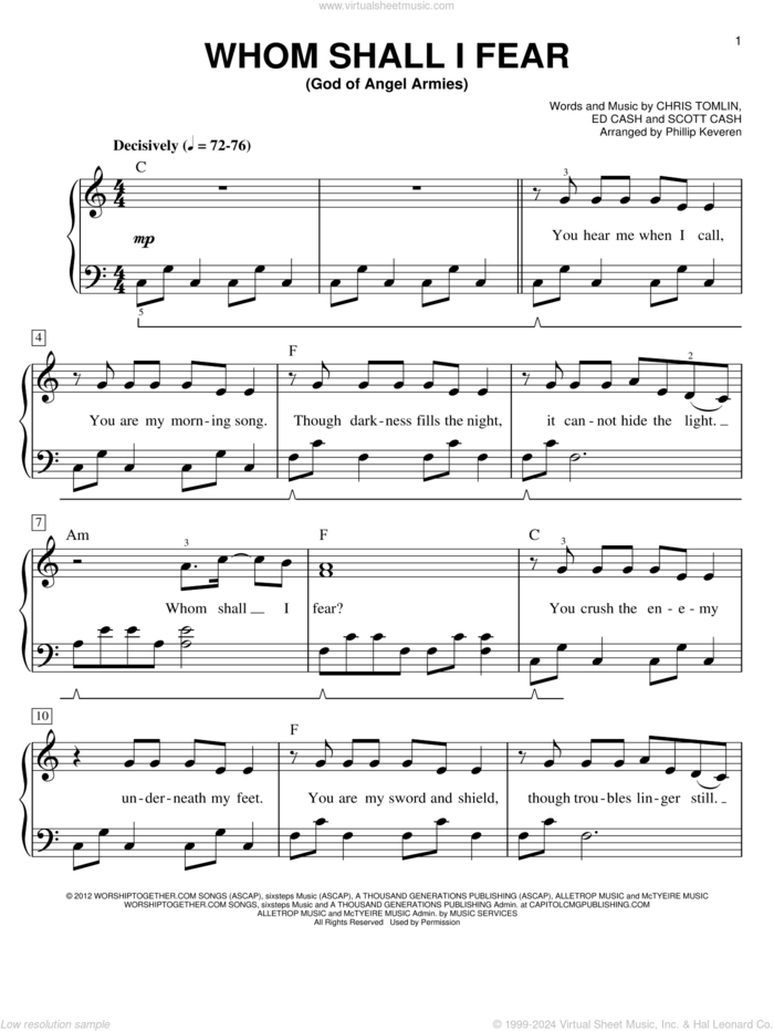 Whom Shall I Fear (God Of Angel Armies) (arr. Phillip Keveren), (easy) (God Of Angel Armies) sheet music for piano solo by Chris Tomlin, Phillip Keveren, Ed Cash and Scott Cash, easy skill level