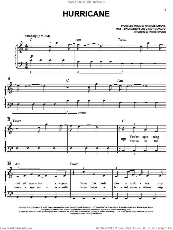 Hurricane (arr. Phillip Keveren) sheet music for piano solo by Natalie Grant, Phillip Keveren, Cindy Morgan and Matt Bronleewe, easy skill level