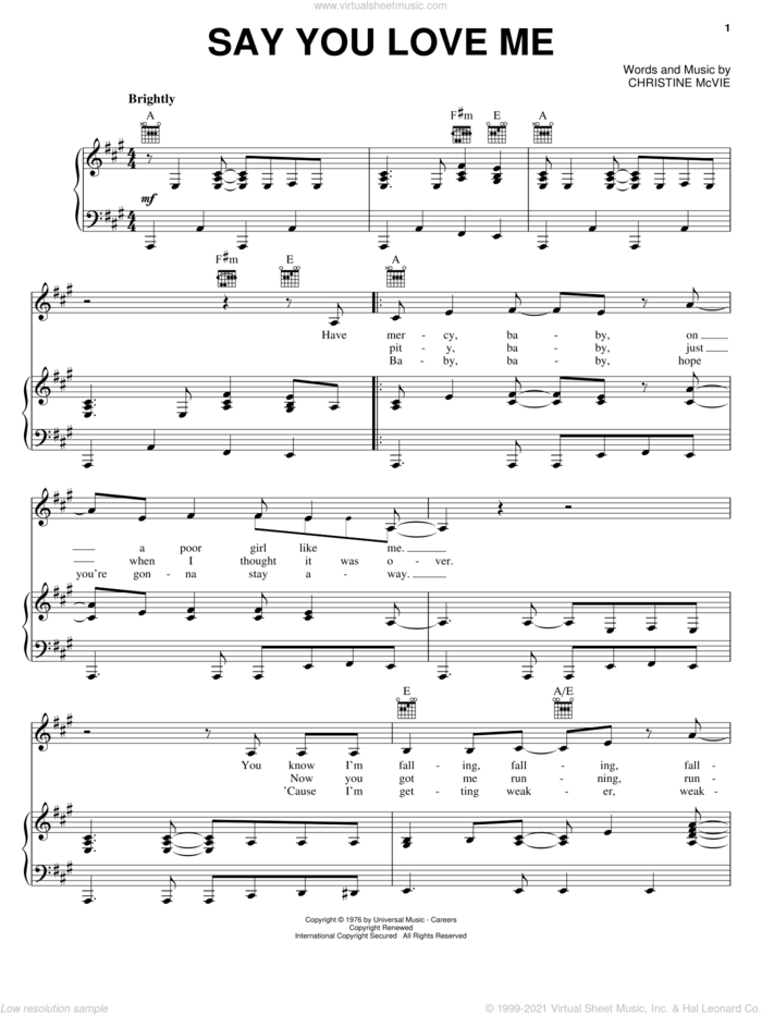 Say You Love Me sheet music for voice, piano or guitar by Fleetwood Mac and Christine McVie, intermediate skill level