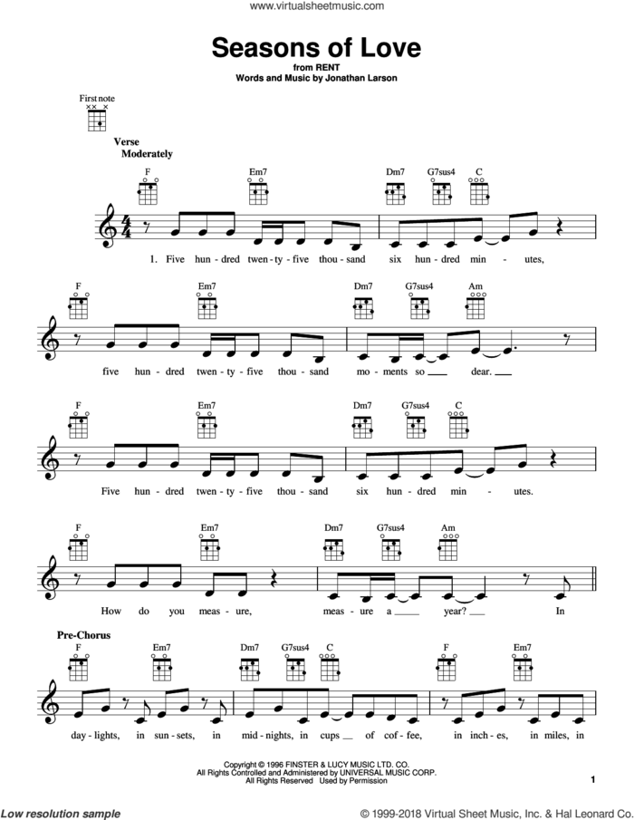 Seasons Of Love (from Rent) sheet music for ukulele by Jonathan Larson and Cast of Rent, intermediate skill level