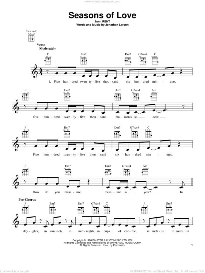 Seasons Of Love (from Rent) sheet music for ukulele by Jonathan Larson and Cast of Rent, intermediate skill level