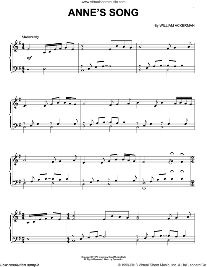 Anne's Song sheet music for piano solo by Will Ackerman and William Ackerman, intermediate skill level