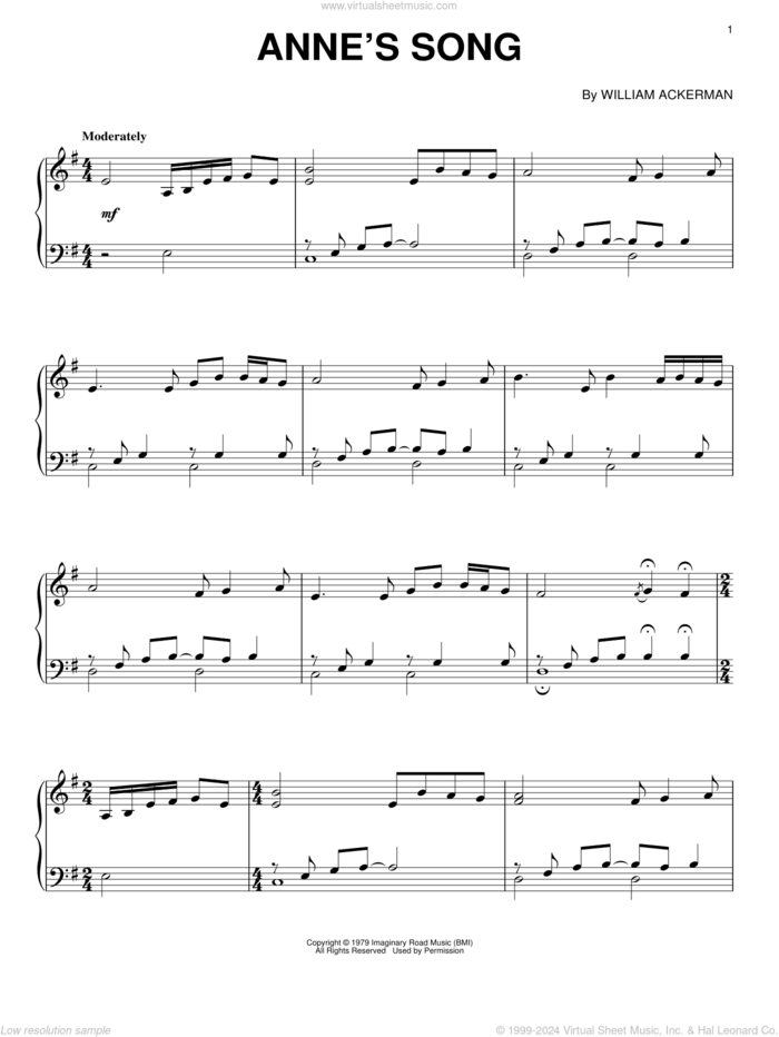 Anne's Song sheet music for piano solo by Will Ackerman and William Ackerman, intermediate skill level