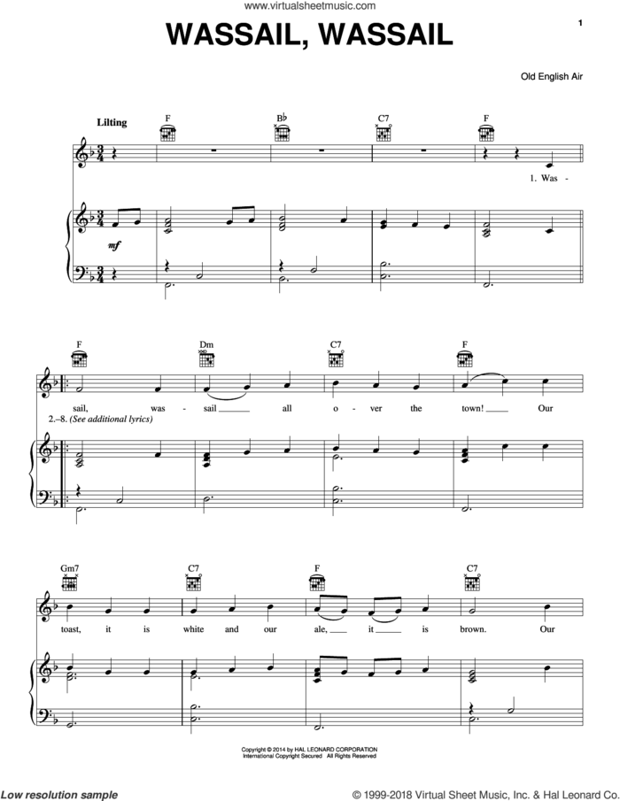 Wassail, Wassail sheet music for voice, piano or guitar by Old English Air, intermediate skill level