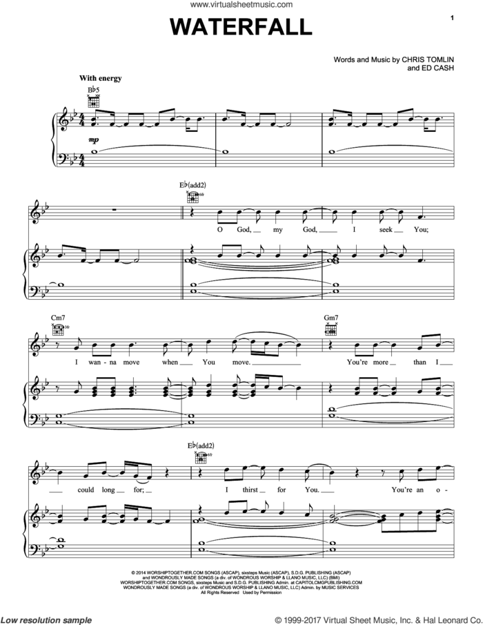Waterfall sheet music for voice, piano or guitar by Chris Tomlin and Ed Cash, intermediate skill level