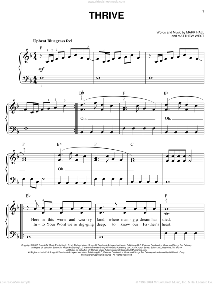 Thrive sheet music for piano solo by Casting Crowns, Mark Hall and Matthew West, easy skill level