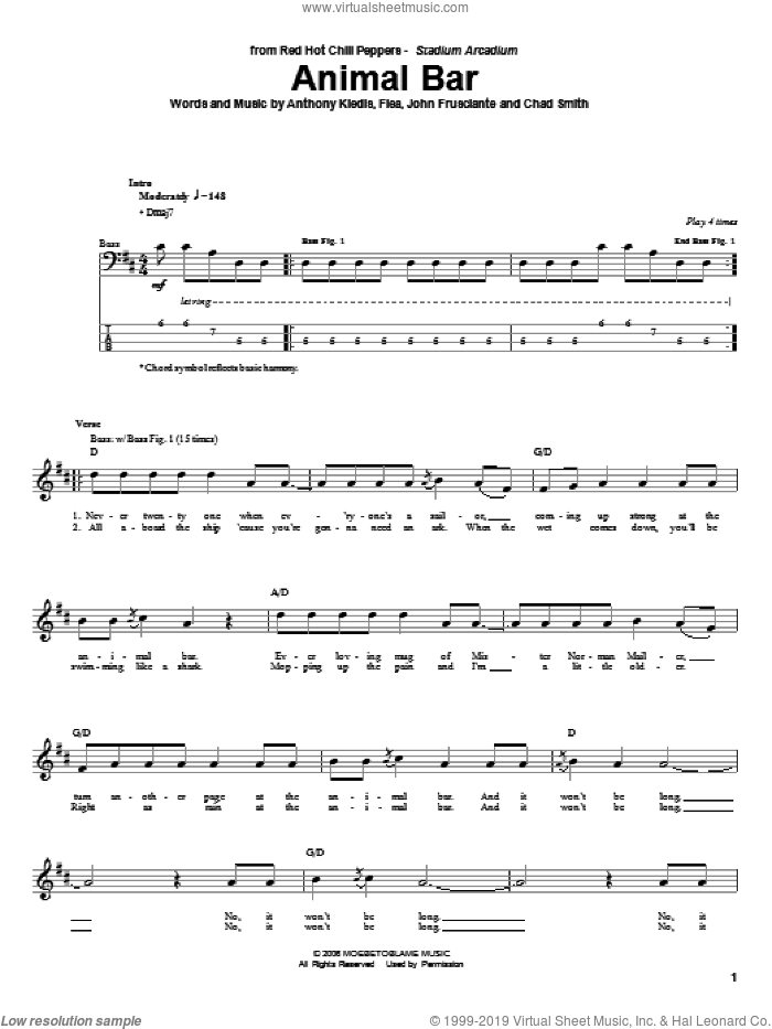 Animal Bar sheet music for bass (tablature) (bass guitar) by Red Hot Chili Peppers, Anthony Kiedis, Chad Smith, Flea and John Frusciante, intermediate skill level