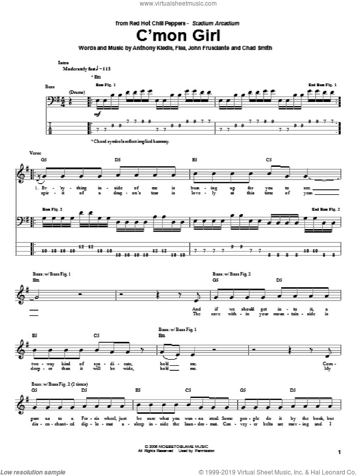 C'Mon Girl sheet music for bass (tablature) (bass guitar) by Red Hot Chili Peppers, Anthony Kiedis, Chad Smith, Flea and John Frusciante, intermediate skill level