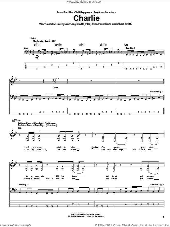 Charlie sheet music for bass (tablature) (bass guitar) by Red Hot Chili Peppers, Anthony Kiedis, Chad Smith, Flea and John Frusciante, intermediate skill level