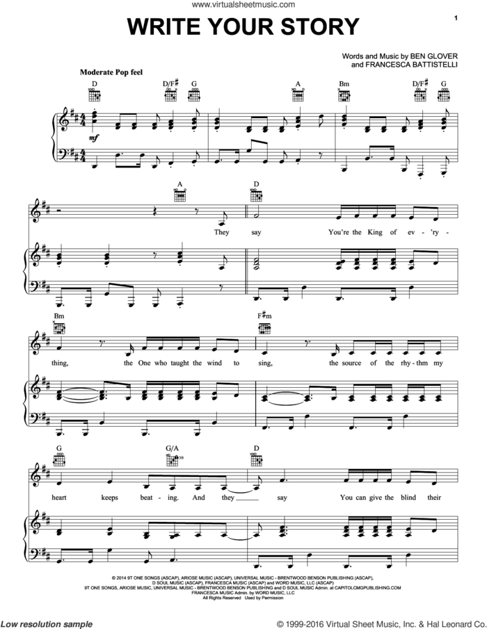 Write Your Story sheet music for voice, piano or guitar by Francesca Battistelli and Ben Glover, intermediate skill level
