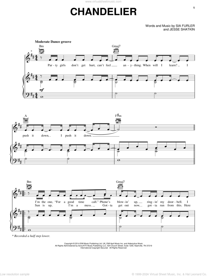 Chandelier sheet music for voice, piano or guitar by Sia, Jesse Shatkin and Sia Furler, intermediate skill level