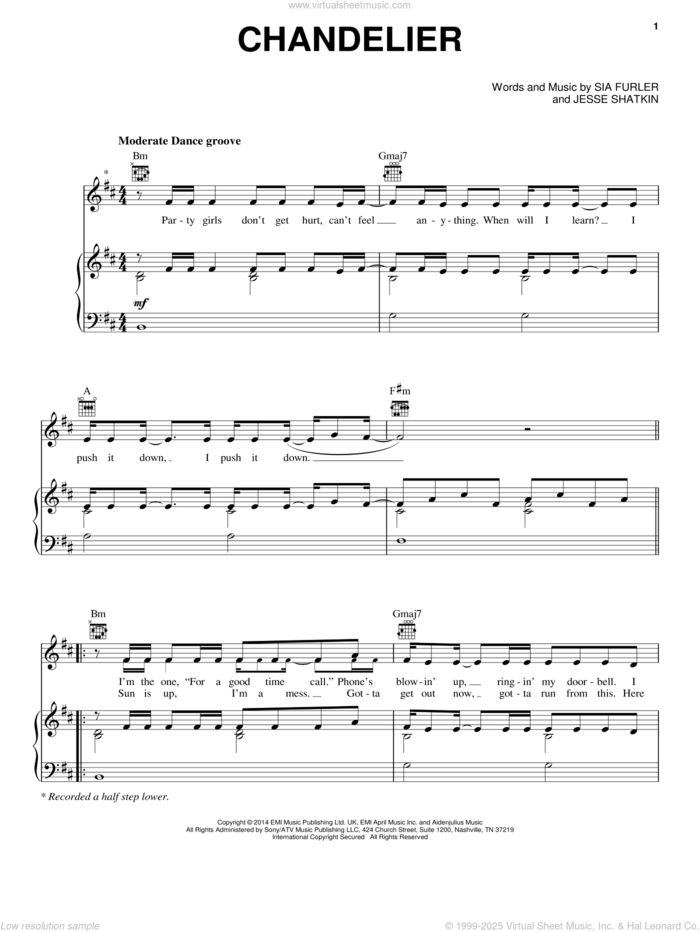 Chandelier sheet music for voice, piano or guitar by Sia, Jesse Shatkin and Sia Furler, intermediate skill level