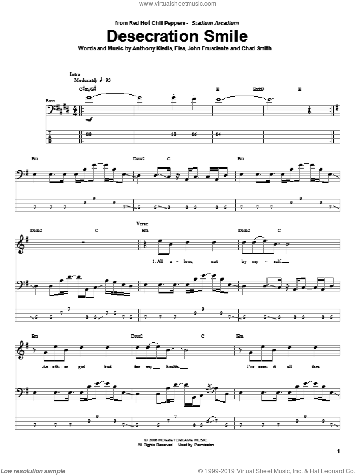 Desecration Smile sheet music for bass (tablature) (bass guitar) by Red Hot Chili Peppers, Anthony Kiedis, Chad Smith, Flea and John Frusciante, intermediate skill level