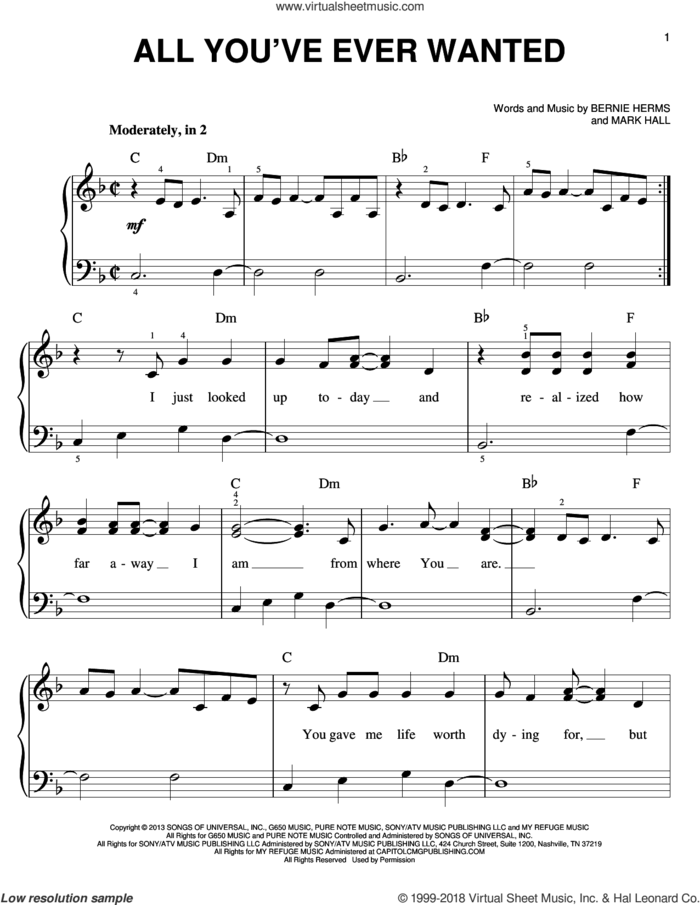 All You've Ever Wanted sheet music for piano solo by Casting Crowns, Bernie Herms and Mark Hall, easy skill level