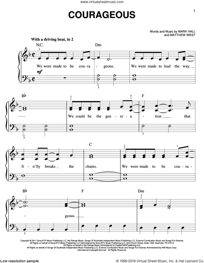 Courageous sheet music for piano solo by Casting Crowns, Mark Hall and Matthew West, easy skill level