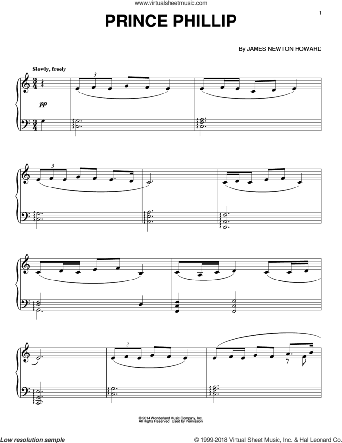 Prince Phillip sheet music for piano solo by James Newton Howard, intermediate skill level