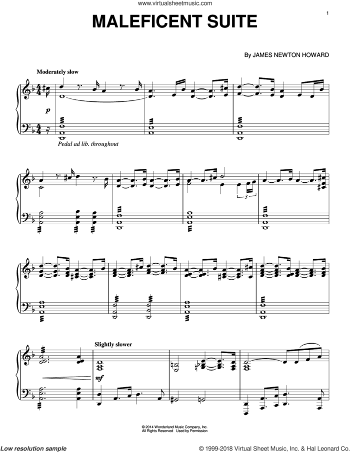 Maleficent Suite sheet music for piano solo by James Newton Howard, intermediate skill level