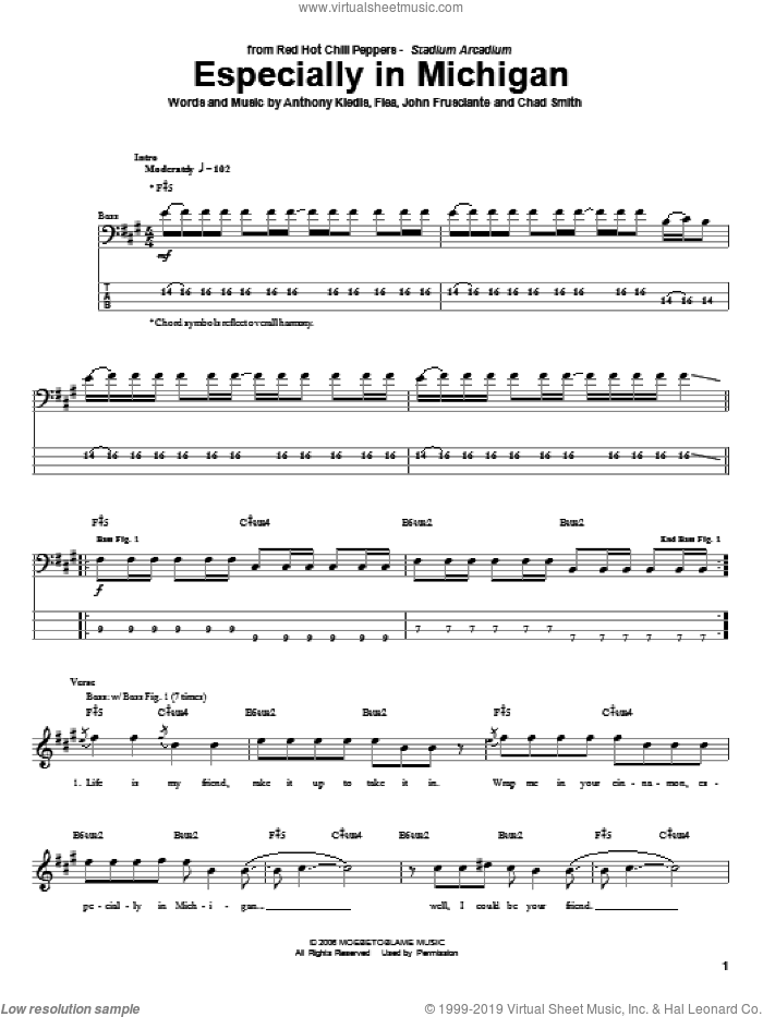 Especially In Michigan sheet music for bass (tablature) (bass guitar) by Red Hot Chili Peppers, Anthony Kiedis, Chad Smith, Flea and John Frusciante, intermediate skill level