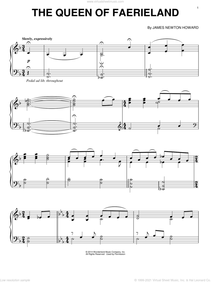 The Queen Of Faerieland sheet music for piano solo by James Newton Howard, intermediate skill level