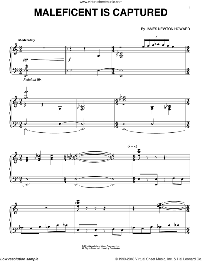 Maleficent Is Captured sheet music for piano solo by James Newton Howard, intermediate skill level