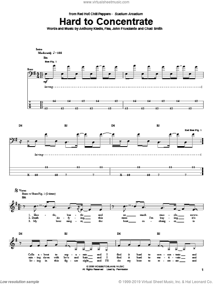 Hard To Concentrate sheet music for bass (tablature) (bass guitar) by Red Hot Chili Peppers, Anthony Kiedis, Chad Smith, Flea and John Frusciante, intermediate skill level