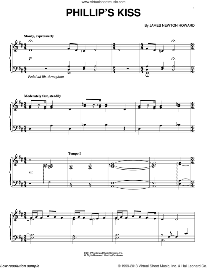 Phillip's Kiss sheet music for piano solo by James Newton Howard, intermediate skill level