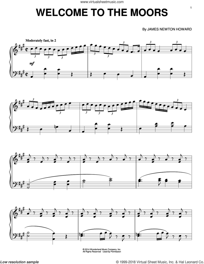 Welcome To The Moors sheet music for piano solo by James Newton Howard, intermediate skill level