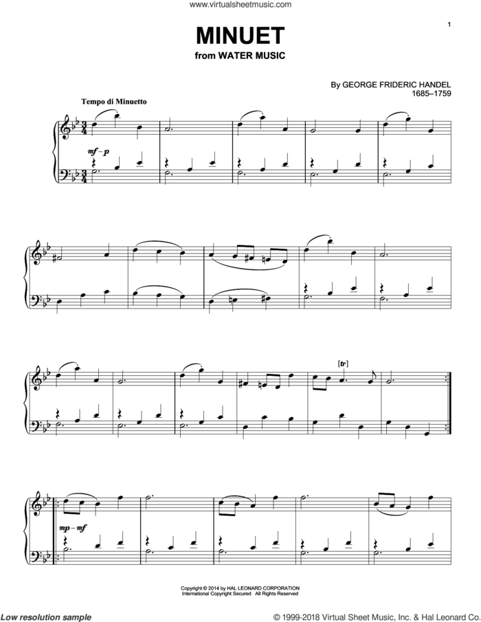 Minuet sheet music for piano solo by George Frideric Handel, classical score, intermediate skill level