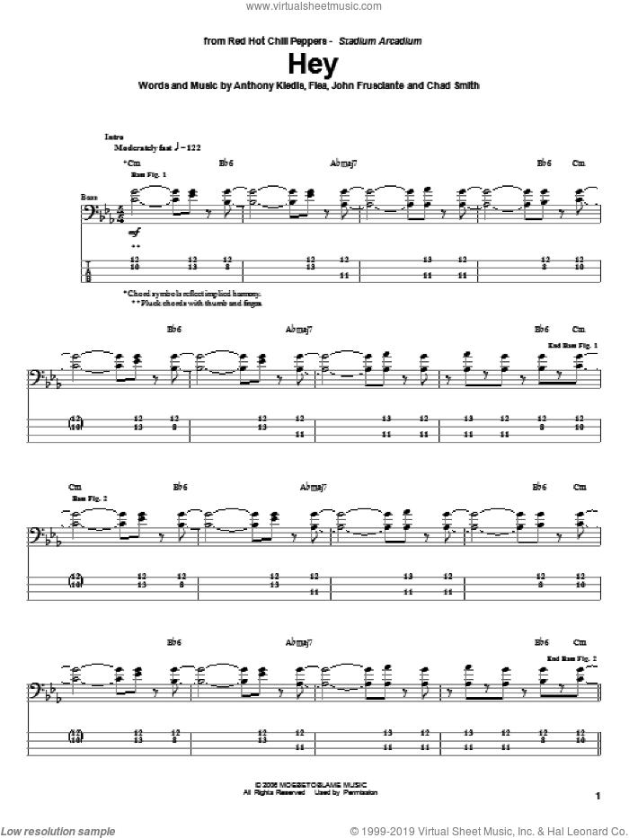 Hey sheet music for bass (tablature) (bass guitar) by Red Hot Chili Peppers, Anthony Kiedis, Chad Smith, Flea and John Frusciante, intermediate skill level
