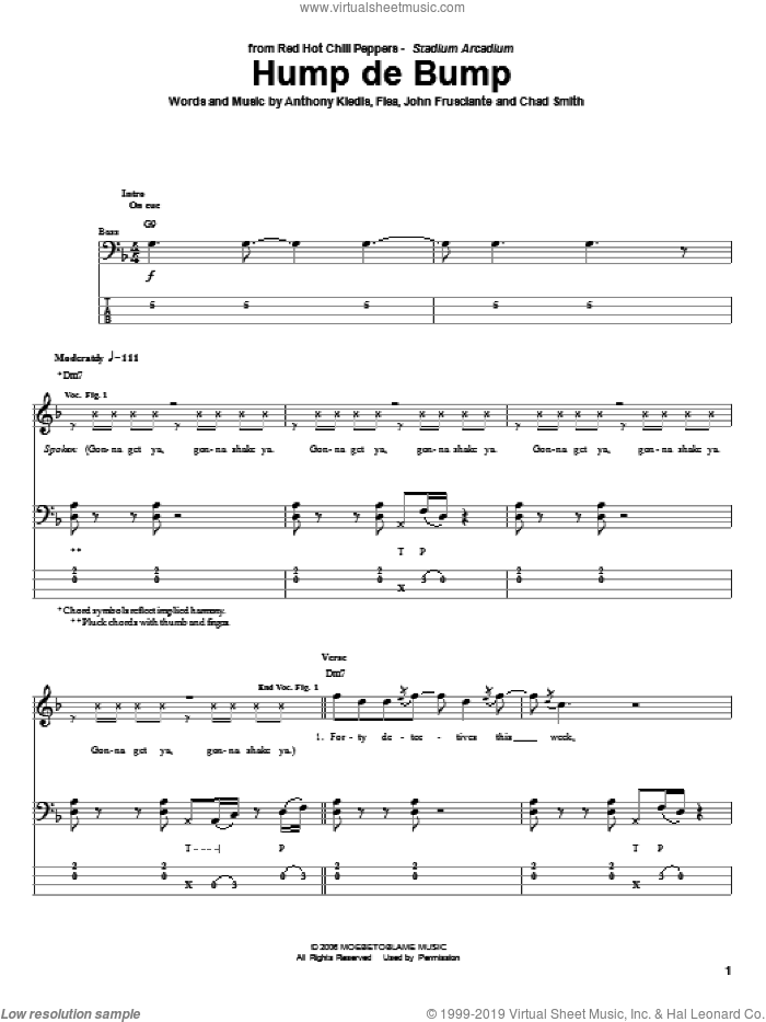 Hump De Bump sheet music for bass (tablature) (bass guitar) by Red Hot Chili Peppers, Anthony Kiedis, Chad Smith, Flea and John Frusciante, intermediate skill level