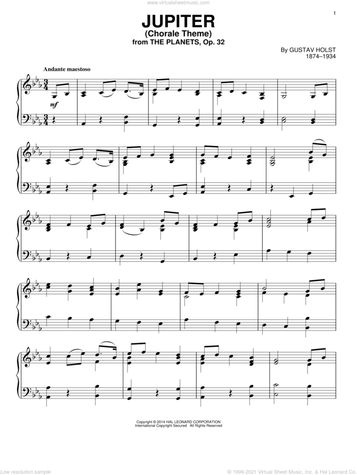 Jupiter, (intermediate) sheet music for piano solo by Gustav Holst, classical score, intermediate skill level