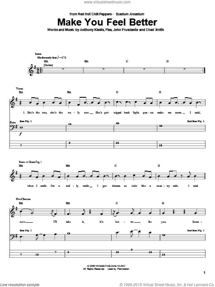 Make You Feel Better sheet music for bass (tablature) (bass guitar) by Red Hot Chili Peppers, Anthony Kiedis, Chad Smith, Flea and John Frusciante, intermediate skill level