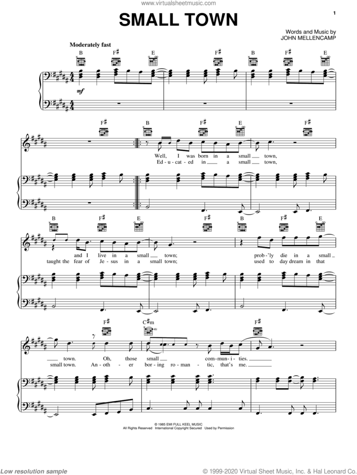 Small Town sheet music for voice, piano or guitar by John Mellencamp, intermediate skill level