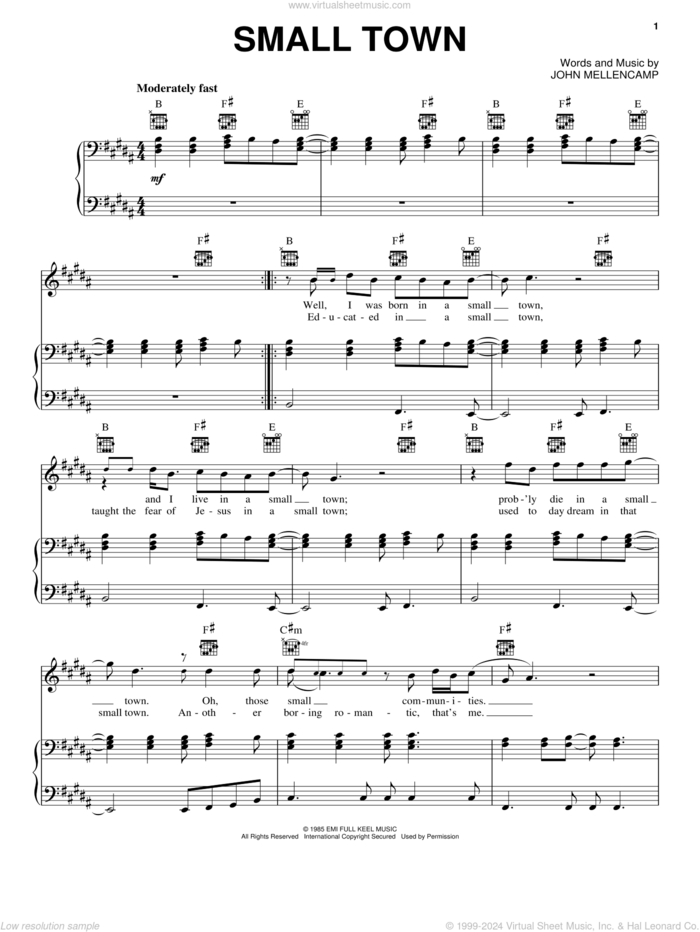 Small Town sheet music for voice, piano or guitar by John Mellencamp, intermediate skill level